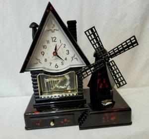 vintage windmill trinket box mantel etranger black quartz clock music box - Picture 1 of 9
