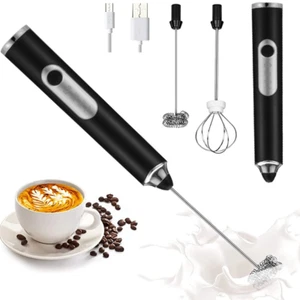 Milk Frother Handheld, with 2 Stainless Whisks, USB Rechargeable Hand Mixer, Bla - Picture 1 of 8