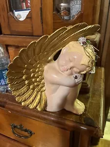 Cherub Angel Baby Figurine Ceramic Bisque Gold WingsSitting Sleeping 10 inch - Picture 1 of 4