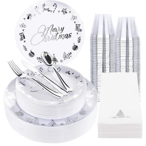 Ciaell 175PCS Christmas Plastic Plates - White and Silver Plastic Plates for ... - Picture 1 of 9