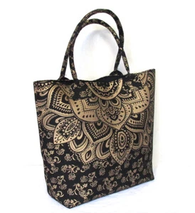 Girl's Shoulder Bag Women's Beach Bags Black Gold Cotton Mandala Bag - Picture 1 of 5
