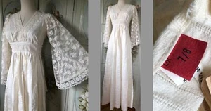 VTG 70s GUNNE-STYLE MAXI DRESS SHEER LACE SLEEVE CORSET PRINCESS CREAM 7/8 EUC - Picture 1 of 9