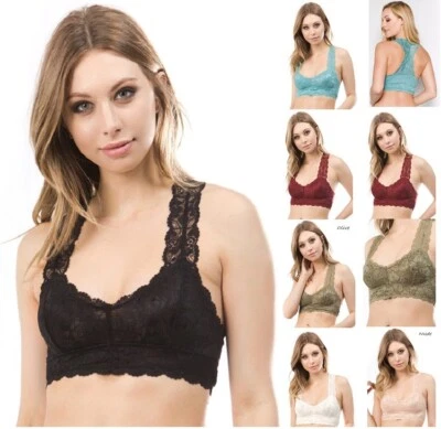 Gorgeous Lace Bralette Lined Low Sweetheart Neckline Racerback Yoga Bra Top - Image 1 of 4