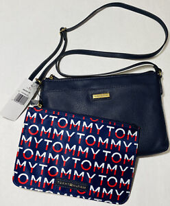 TOMMY HILFIGER Women's Faux Leather Clutch Wristlet Pouch Bag Navy Blue