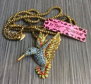 Betsey Johnson Colorful Crystal Hummingbird Pendant on a Gold Chain Necklace! - Picture 1 of 2