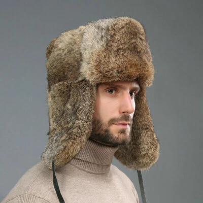 Sombrero de piel de conejo para hombre Ushanka Trapper orejeras gorra de esquí moda cómodo invierno cálido Foto 1 de 4