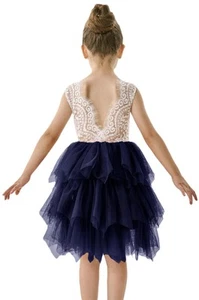 Girl Peony Lace Back A-Line Tiered Tutu Tulle Flower Girl Dress (Navy Sleevel... - Picture 1 of 7