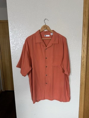 Bachrach Men’s 100% Short Sleeve Button Front Camp Shirt XL Orange Subtle Stripe - Image 1 of 4