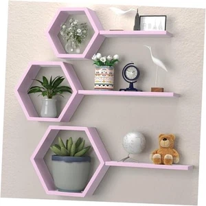 Hexagon Floating Geometric Honeycomb Shelves - Pink Floating Hexagon Shelves - Picture 1 of 7