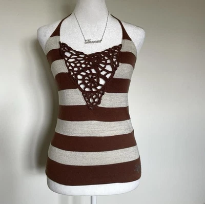 Camiseta sin mangas Diesel Y2K rara marrón blanca a rayas azul brillante crochet halter talla S Foto 1 de 4