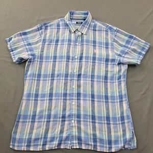 IZOD Shirt Mens Large Short Sleeve Linen Embroidered Logo Button Up Striped Blue - Picture 1 of 12