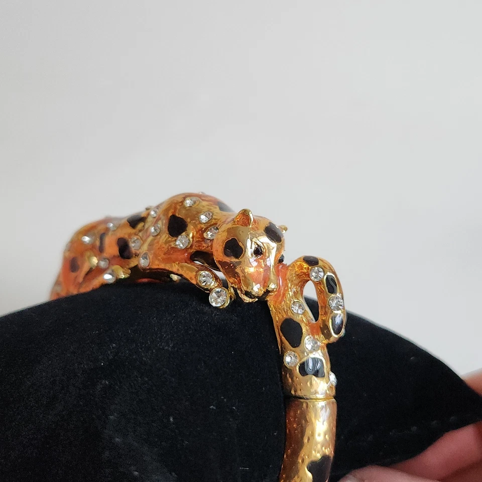 Gold Tone Bracelet Leopard Print Bangle Bracelet with  Enamel and Rhinestones - Image 1 of 4