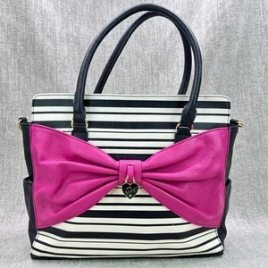 Betsey Johnson Oversized Bow SATCHEL Black & White STRIPE Shoulder Bag Y2K - Bild 1 von 23