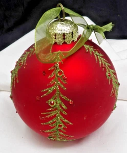 Vintage Red Blown Glass 4" Ball w/Green Garland Accents Christmas Ornament - Picture 1 of 3