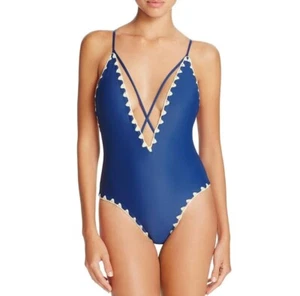 Neu mit Etikett Cupshe Badeanzug Einteiler tiefer V-Ausschnitt gekreuzter hellblau/weißer Besatz Größe S - Bild 1 von 11