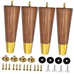 Hard Wood Furniture Legs with Gold Caps 6 Inch Mid-Century 6 Inches Walnut - Picture 1 of 7