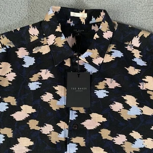 Ted Baker 100% Linen Shirt Mens 6 / XXL Black Abstract Floral Short Sleeve NEW - Picture 1 of 13