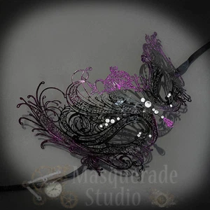 Womens Beautiful Swan Filigree Venetian Black Masquerade Mask [Purple Glitter] - Picture 1 of 4