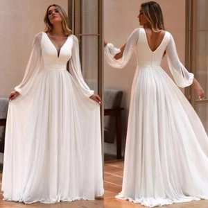 Simple Pearls A-Line Wedding Dresses V-Neck Long Sleeves Chiffon Bridal Gowns - Picture 1 of 12