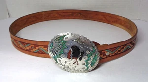 Chambers Fred Harvey Size 36 Tooled Leather Belt w/ Hand Hammered Buckle - Picture 1 of 5