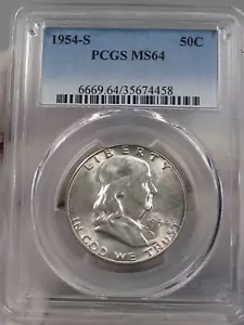 BU 1954-S Silver Franklin Half Dollar PCGS MS64.  #2 - Picture 1 of 10