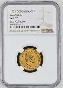 COLOMBIA, Medellín, gold 5 pesos, 1924, normal date, NGC MS 62. Restrepo-455.1 - Picture 1 of 4