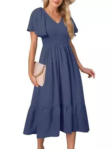 Women's Summer Casual V Neck Ruffle Sleeve Smocked High Waist Midi A-line Dress - Picture 1 of 9