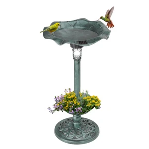 Outdoor Solar Lighted Pedestal Bird Bath Founta"Decoration w/Planter and Feeder, - Picture 1 of 11