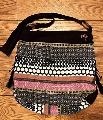 Bolso Hobo de Playa Grande Y2K Roxy De Colección Multicolor Negro Rosa Blanco Tela Foto 1 de 4