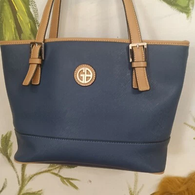 Giani Bernini Women Blue Double Tan Straps Satchel Large Size EUC - Image 1 of 4