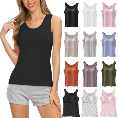 Womens Padded Cami Tank Vest Top With Built in Bra Camisole Sleeveless Underwear - Image 1 of 4