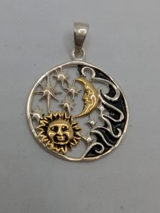 Sterling Silber 925 Sonne, Mondsichel & Sterne himmlisch rund Anhänger - Bild 1 von 6