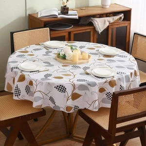 Round Vinyl Tablecloth with Flannel Backing Waterproof Oil-Proof PVC Table Cl... - Picture 1 of 6