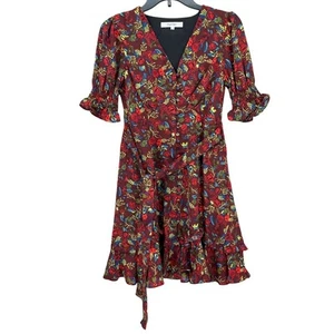 Simple Retro Dress Womens XS Red Dark Floral Fit & Flare Mini Ruffles Feminine - Picture 1 of 6