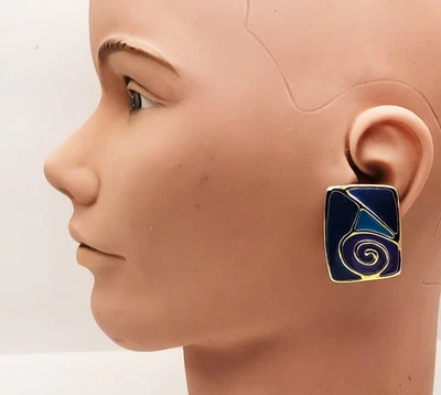 Vintage Signierte BEREBI Goldfarbene Blaue Emaille Rechteckige Clip-On Ohrringe - Bild 1 von 4