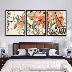 Qi Baishi Lotus Asian Chinese Japanese Triptych Three 3 Multi Set Poster/ Canvas - Picture 1 of 12