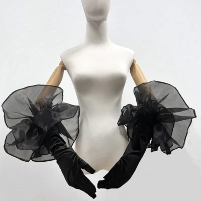 Velvet Long Gloves Oversize Organza Ruffles Wedding 55cm Bridal Etiquette Gloves - Image 1 of 4
