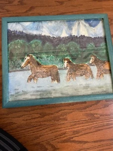 Folky Primitive Watercolor Painting Of Horses In Water Signed Istvan 1998~15x12” - Picture 1 of 18