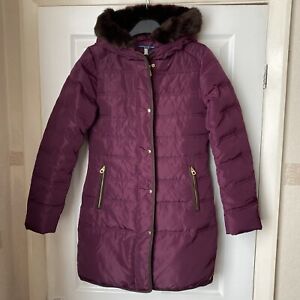 Joules Padded Long Coat Size 6 Plum  New With Tags Hood Zip Pockets Brown trim