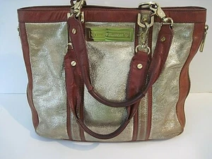 TORY BURCH Gold Leather with Brown Trim Shoulder Bag Gold Tone Hardware Rare - Picture 1 of 7