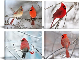 - 4 Piece Modern Canvas Painting Wall Art Birds Red Cardinal on Snowy Branch Pic - Picture 1 of 7