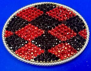 Black &  Red rhinestone Checkerboard Diamond Jester 3.75" wide belt buckle