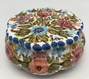 Vintage kleine Sevillarte handbemalte runde Blumen Keramik Schmuck Schale Spanien signiert - Bild 1 von 9