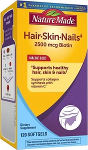 Nature Made Hair Skin and Nails Biotin 2500 mcg Dietary Supplement, 120-Softgels - Picture 1 of 9