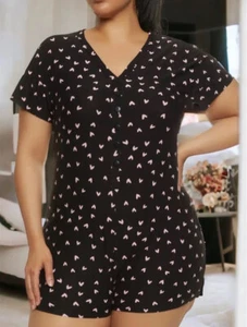 Women’s Pajama Plus Size Romper Black Short Sleeve V-Neck Hearts Print Buttons - Picture 1 of 4
