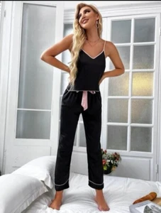 Two Piece Satin Pajama Set Sleepwear Women XL Long Pant Sleeveless Tops Black - Picture 1 of 3