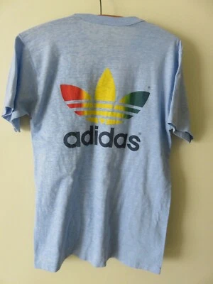 Vtg 80s ADIDAS Dallas 10K1982 Sanger Harris RAINBOW TREFOIL Blue t-shirt sz L - Image 1 of 4