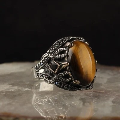 BayVog 925 Anillo de plata esterlina con piedra de ojo de tigre para hombres, anillo de ojo de tigre para hombres Foto 1 de 3