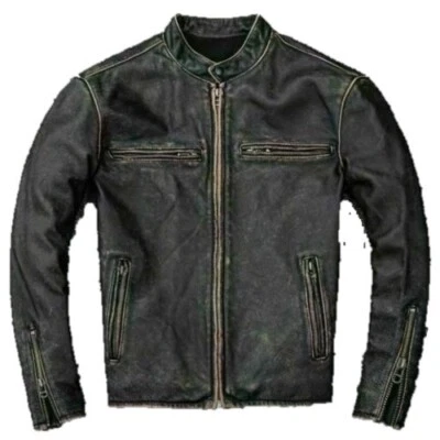Men's Café racer Style Biker Motorcycle Leather Jacket Genuine Soft Sheep Skin - Image 1 of 4