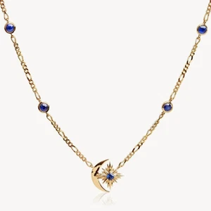 Gold Moon and Star Necklace with Blue Crystals - Celestial Pendant Jewellery - Picture 1 of 2